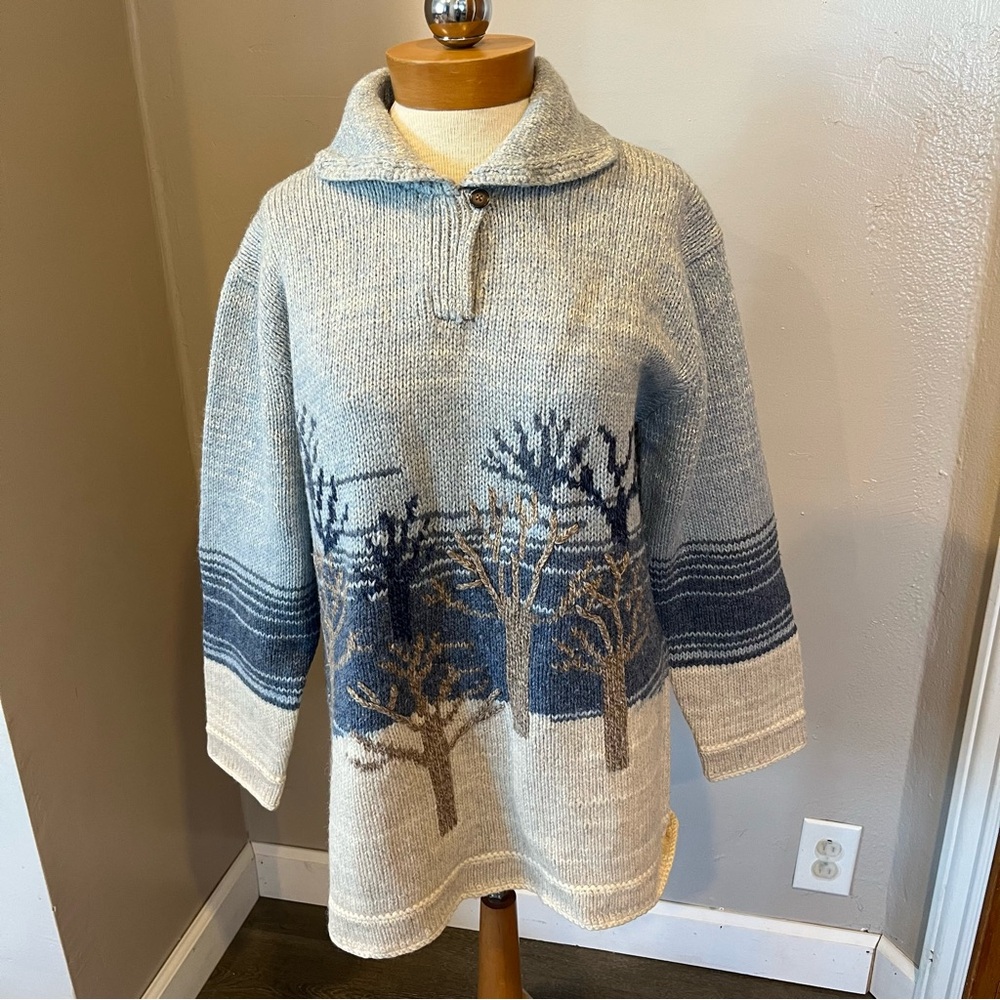 Susan Bristol Embroidered Tree Blue Knit Long Sleeve Sweater Women’s Size XL